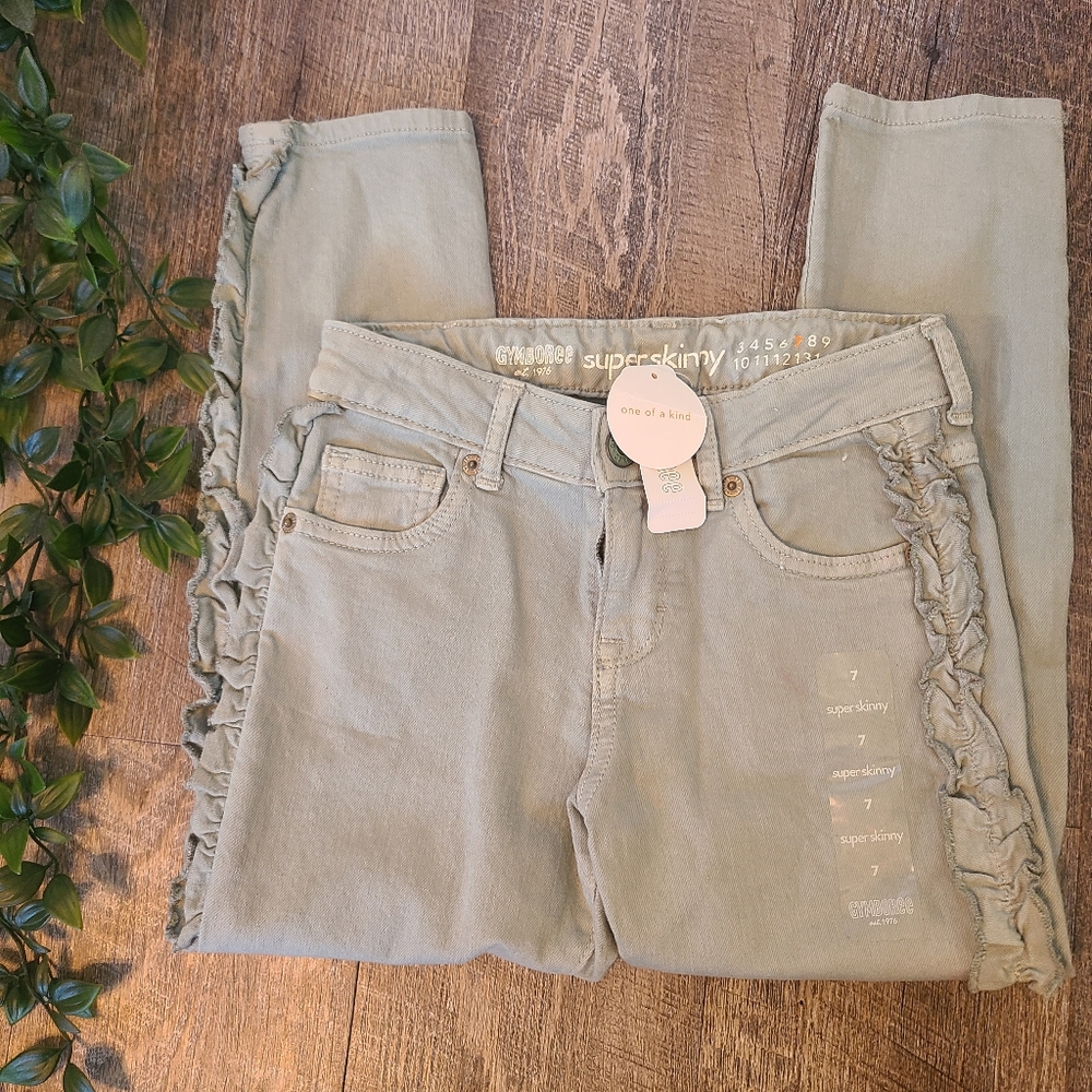 Girls Gymboree Ruffle Stretch Skinny Jeans, Pale Sage Green, Size 7